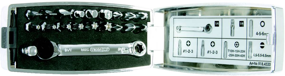 'Tool kit with ratchet and various screwdriver bits in an opened box. Sizes and types are marked on the inside.'