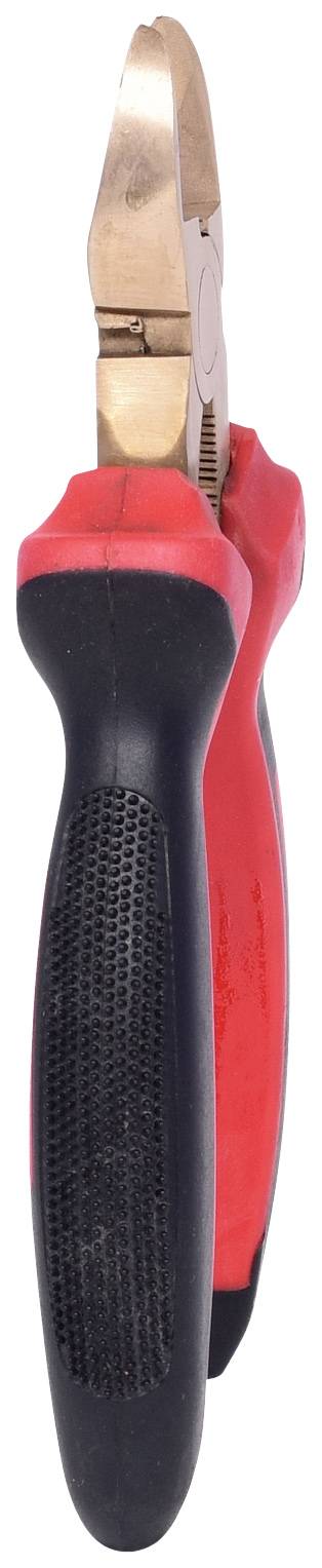 A red and black pair of pliers standing upright. They have non-slip handles and metallic jaws suitable for cutting wire.