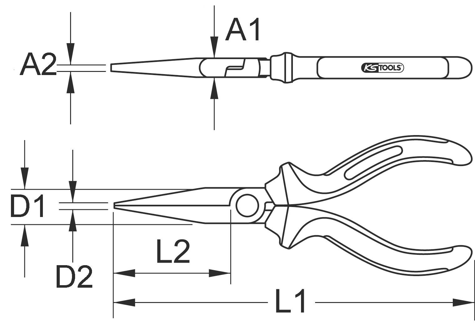 Technical drawing shows pliers with dimensions: L1, L2, D1, D2 for the pliers and A1, A2 for the tool above.