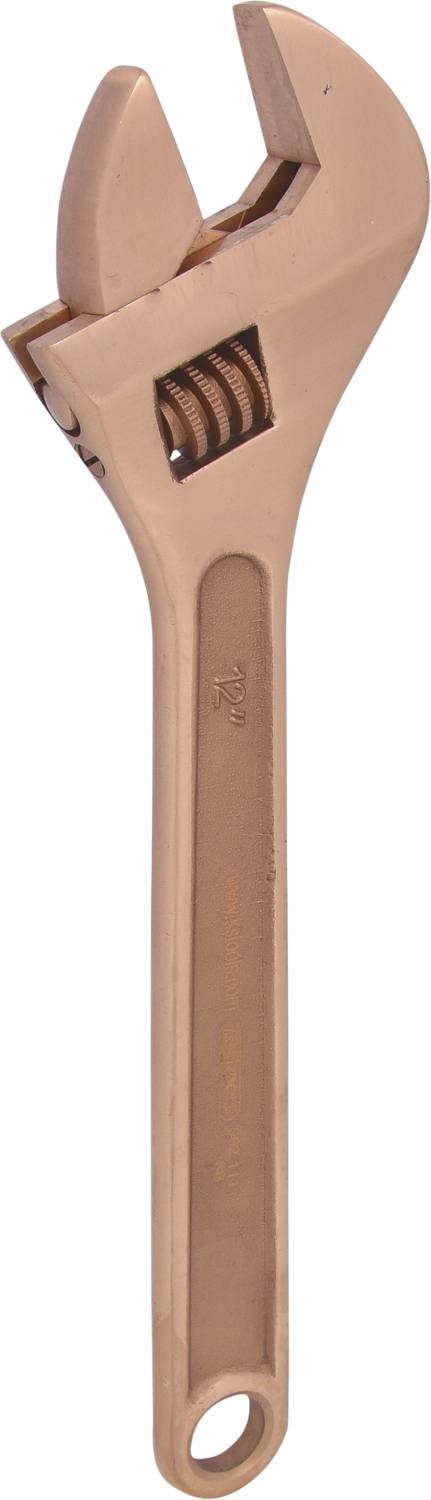 An adjustable copper spanner with a long handle and a circular aperture at the end of the handle for hanging.