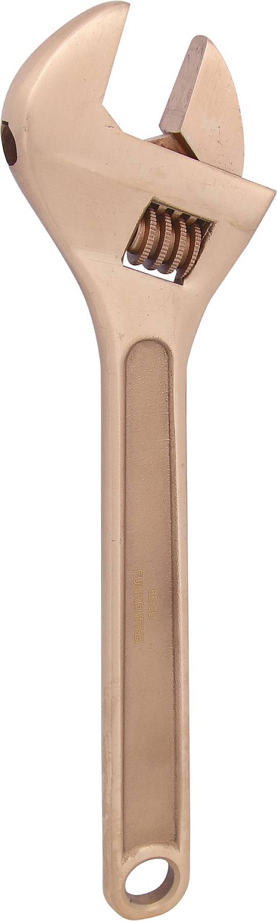 Adjustable copper spanner, showing the screw mechanism, with an opening at the handle end.