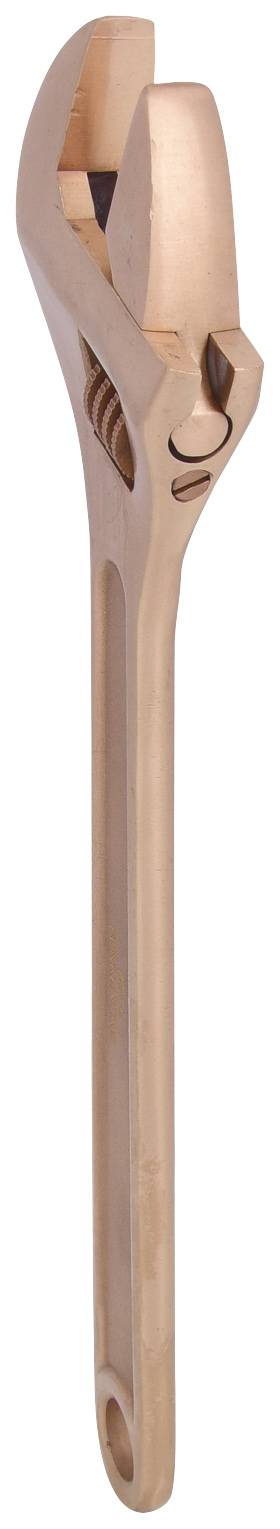 An adjustable copper spanner standing vertically, used for loosening and tightening screws and nuts.