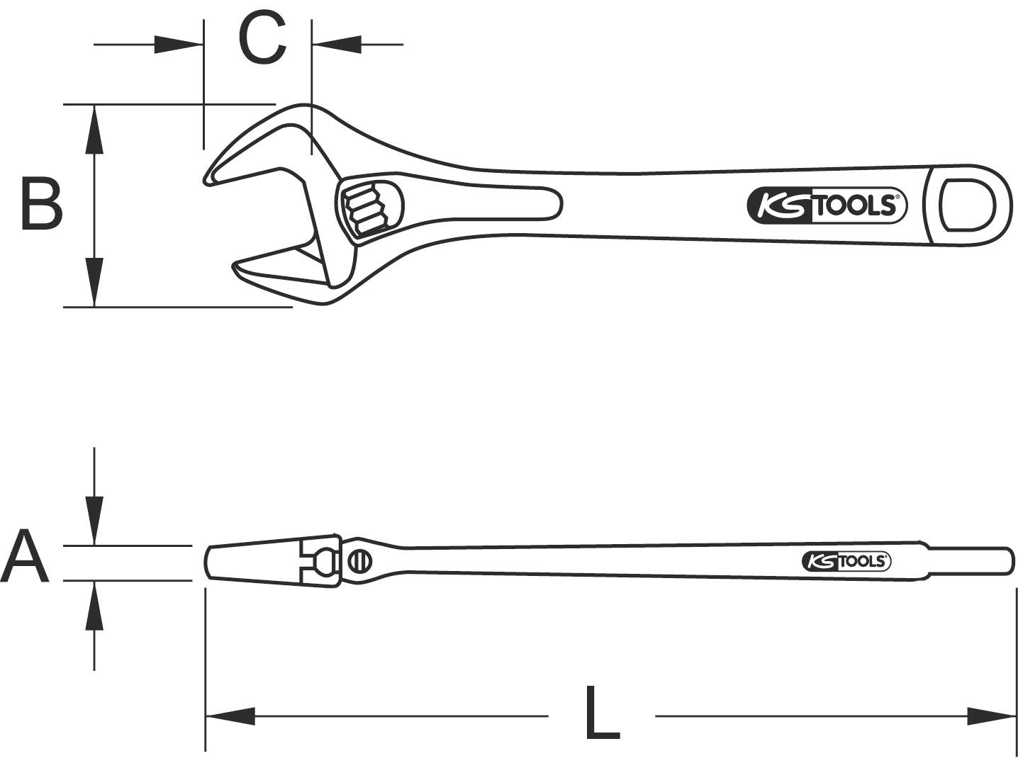 Drawing of an adjustable spanner with dimensions: width (B), jaw opening (C) and length (L). Marked with 'KS Tools'.