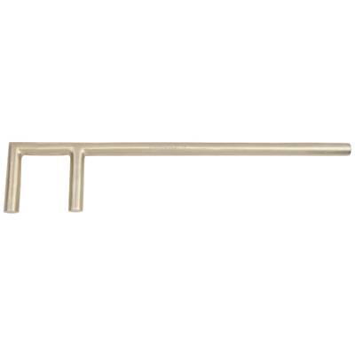 A long, metallic key wrench with two equal-length arms and a long handle, used for opening cabinets or valves.
