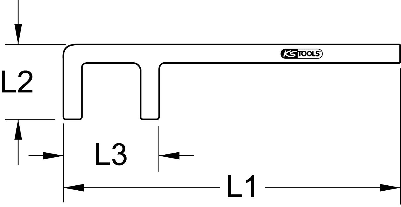 Diagram of a hook spanner with dimensions: Left L2 for hook height, bottom L3 for opening width, and L1 for overall length.