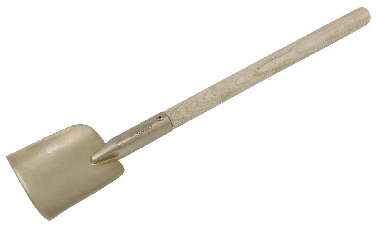 A golden spade with a long wooden handle, typically used for digging in the garden.
