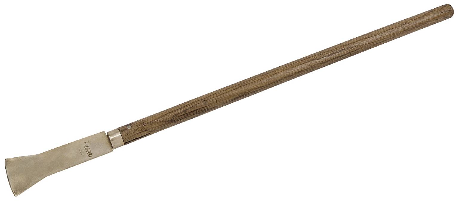 A simple wooden alphorn, a traditional wind instrument from the Alps, with a straight pipe and wide bell.