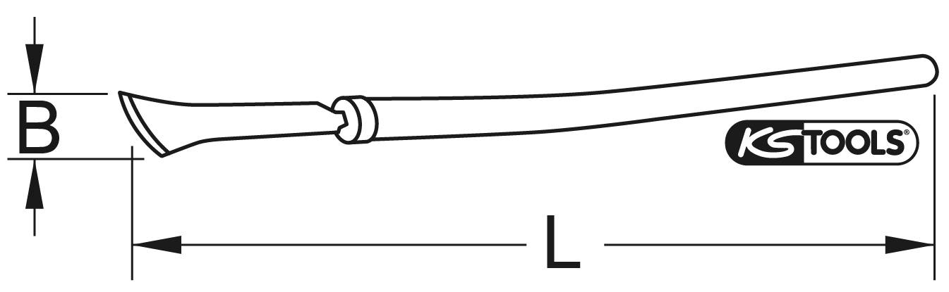 'Drawing of a tool with a curved handle, dimensional specifications B and L, brand logo on the right side.'