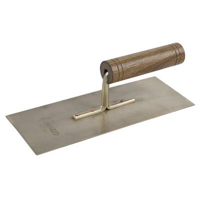 Metal trowel with a wooden handle, used for smoothing concrete or plaster surfaces.