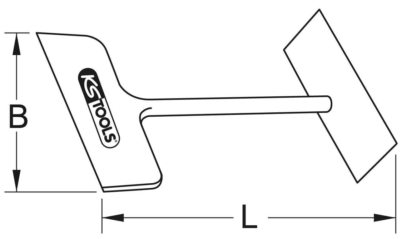 Diagram of a tool with a T-shaped handle and foot pedal. Dimensions 'B' and 'L' indicated. Brand name on the head.