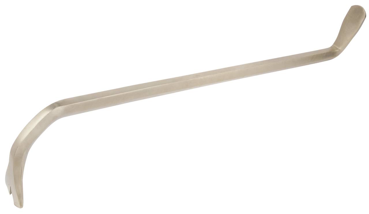 A metal crowbar, slightly curved at both ends, is typically used for levering or opening.