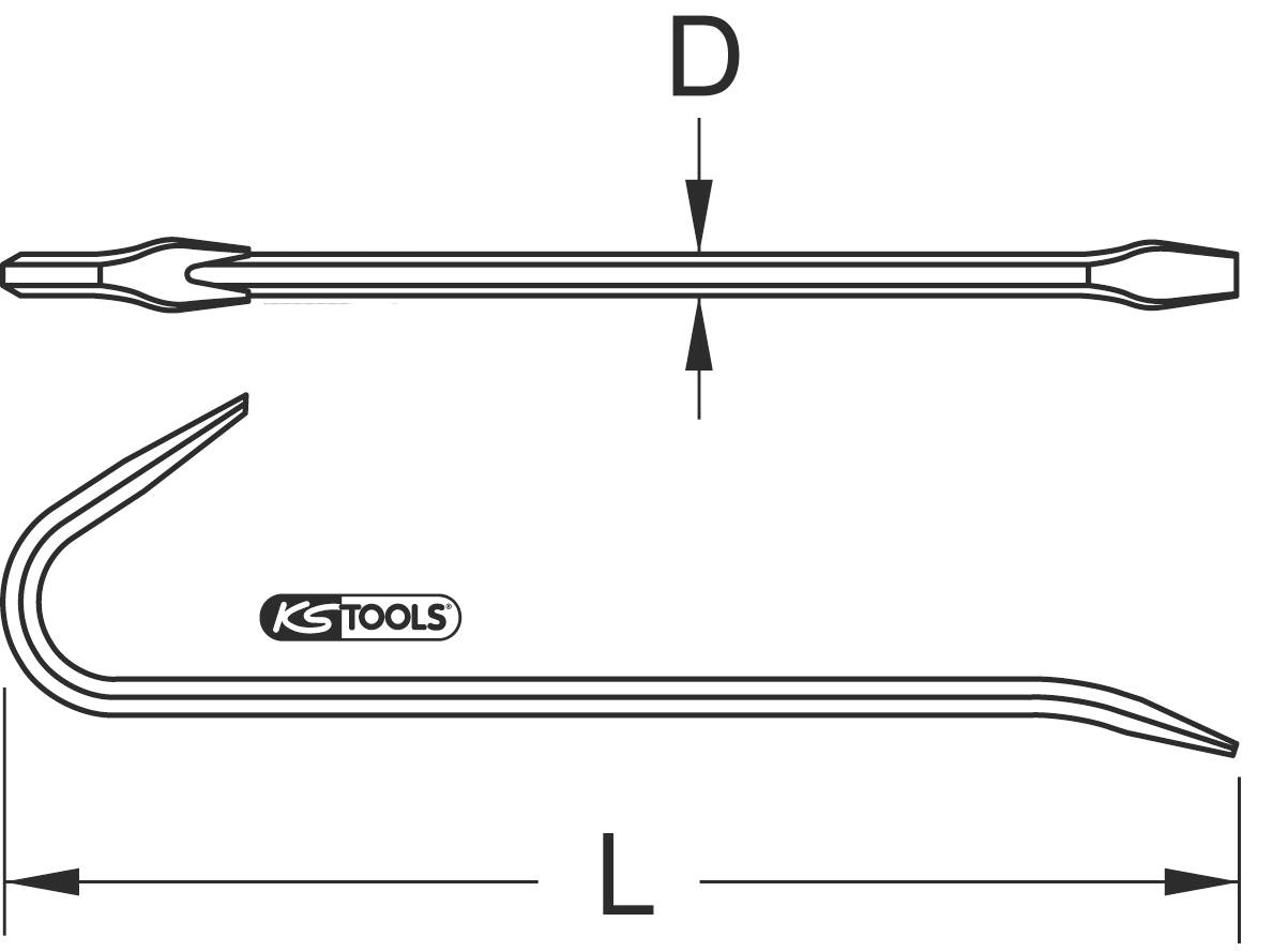 Two-way tyre lever by KS Tools with dimensions length (L) and diameter (D) specified. One of the ends is curved.