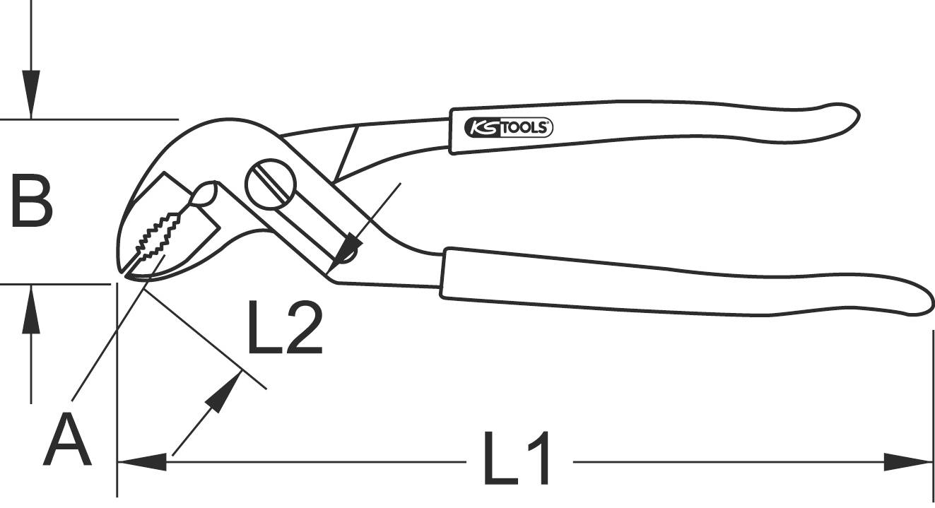 Drawing of a water pump pliers with measurement markings: L1, L2, A and B. Upper handle with 'KS TOOLS' logo.
