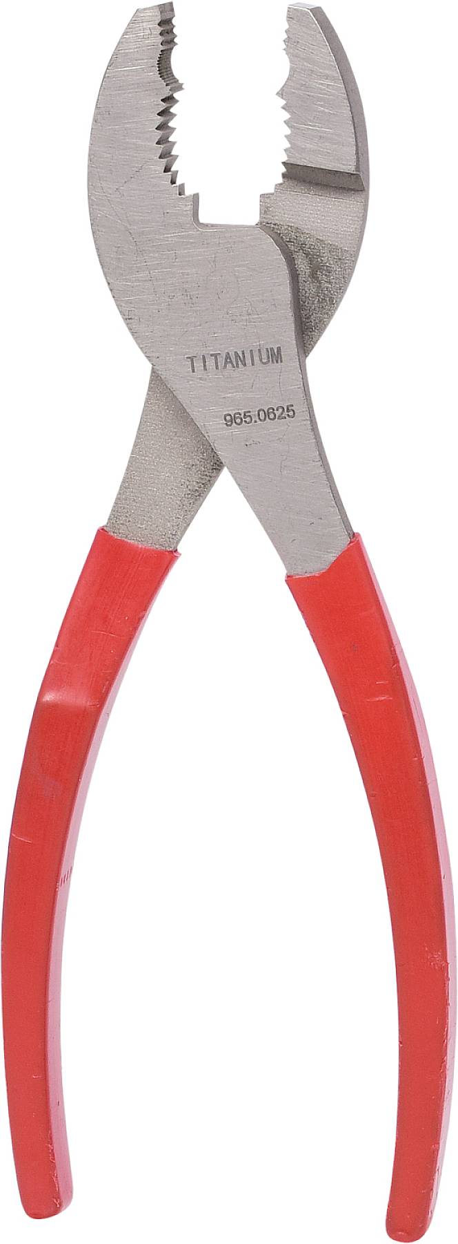 A pair of pliers with a red handle and silver metal head. The inscription 'TITANIUM' and the number '905-0825' are engraved on it.