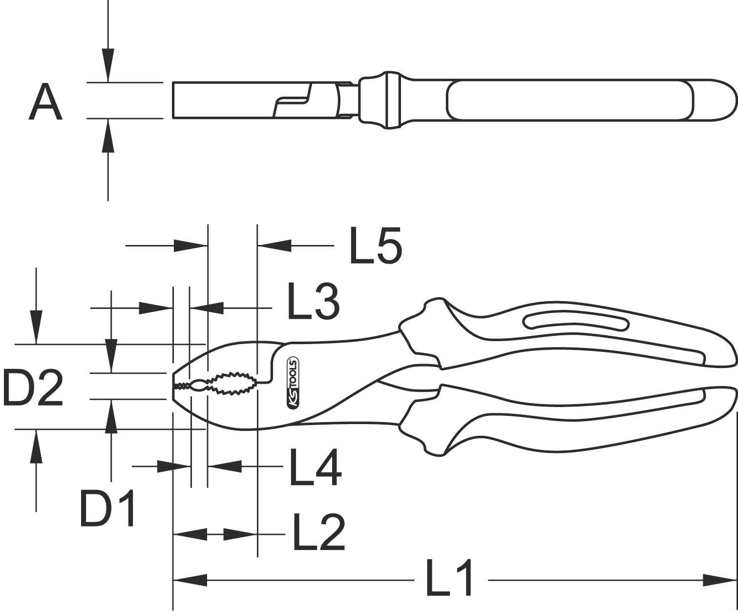 Drawing of a combination pliers with dimensional specifications: L1, L2, L3, L4, L5, D1 and D2. Top illustration showing a top view of the pliers' handle.
