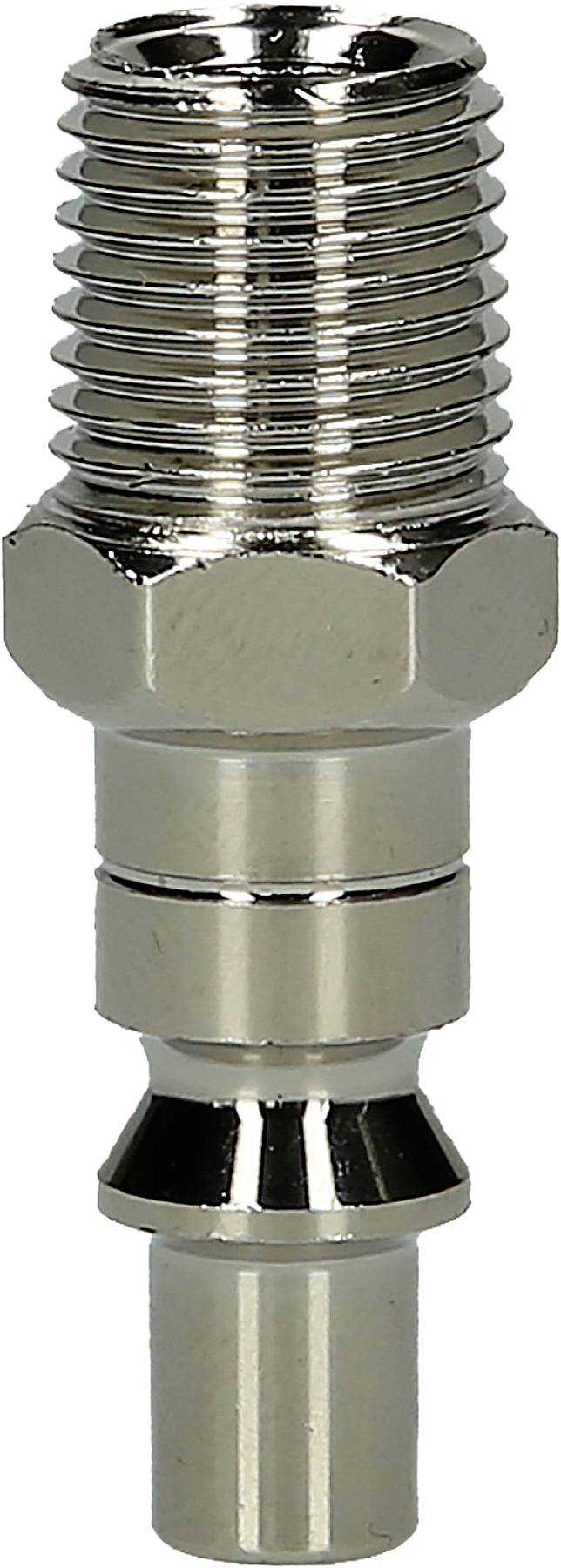 A shiny metal adapter with threading, presumably for industrial or mechanical applications, against a white background.