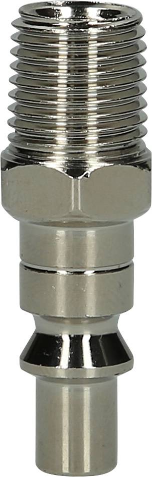 A metallic threaded connector with an external thread, shiny and cylindrically shaped, is used for quick connection of compressed air lines.