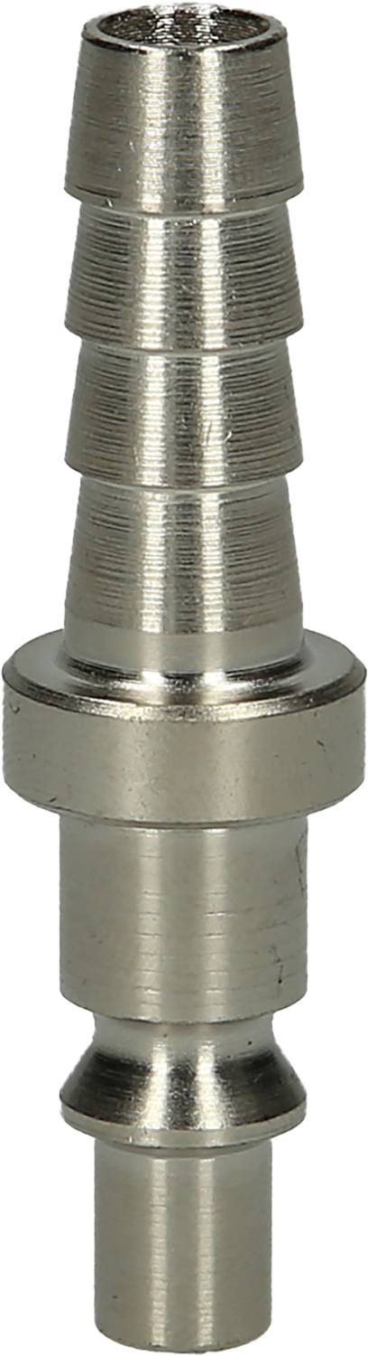Metal piece with multiple ribbed sections and a cylindrical end, possibly a hose adapter or connector.
