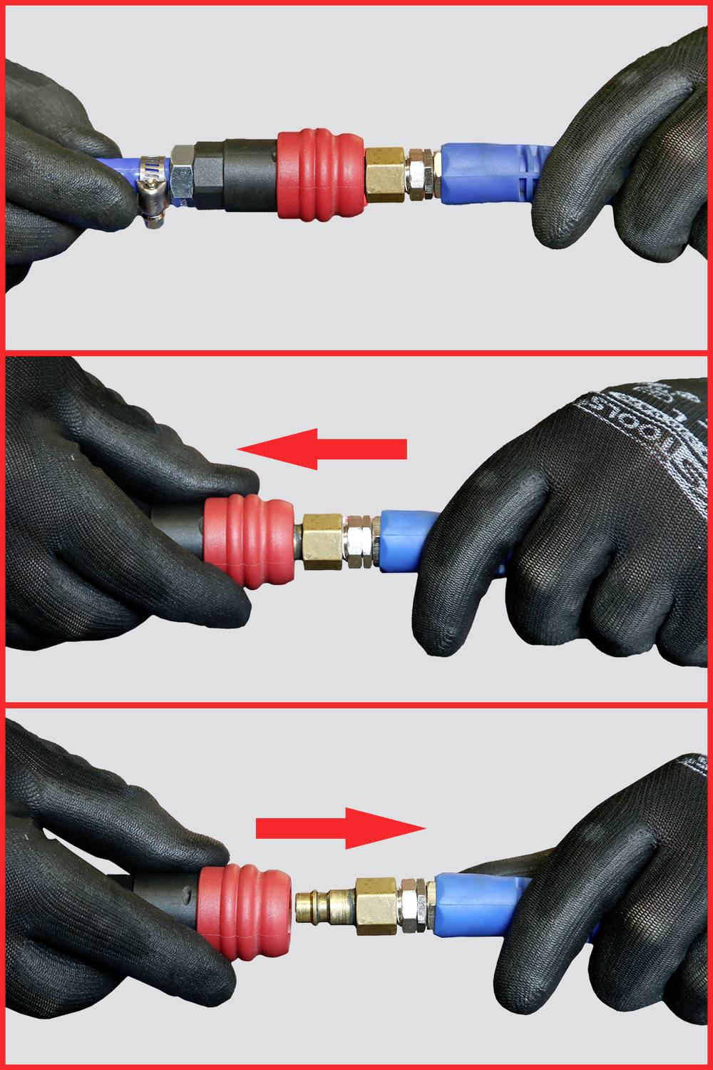 'A person wearing gloves connects two pieces of tubing. In the first image, the person is holding the ends, and in the second, they are pushing them together.'