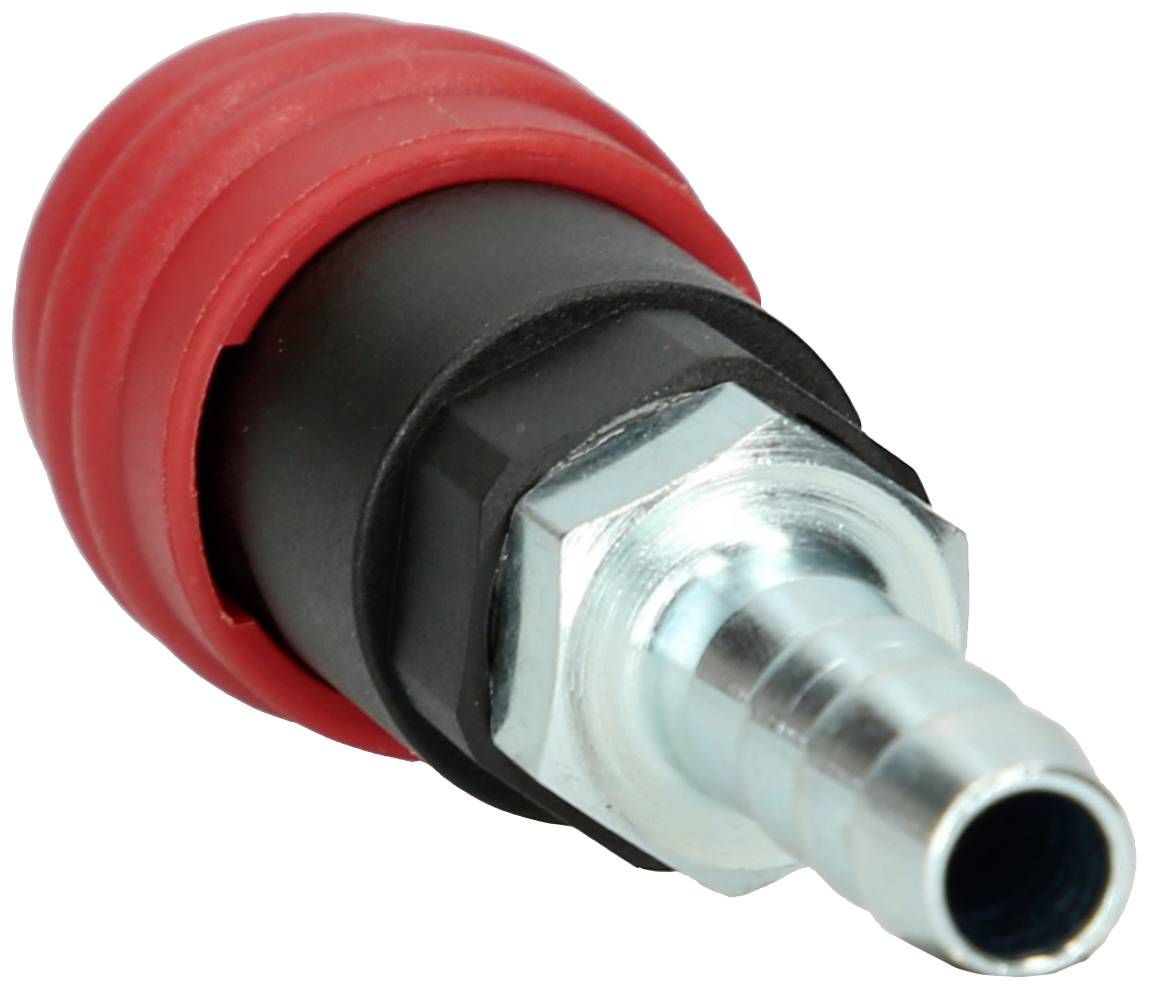 Red and black hose connector with metal threading, suitable for connecting hoses to various systems.