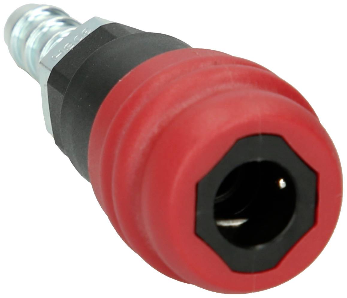 A red quick-connect air line coupling made of metal and rubber, viewed from above.