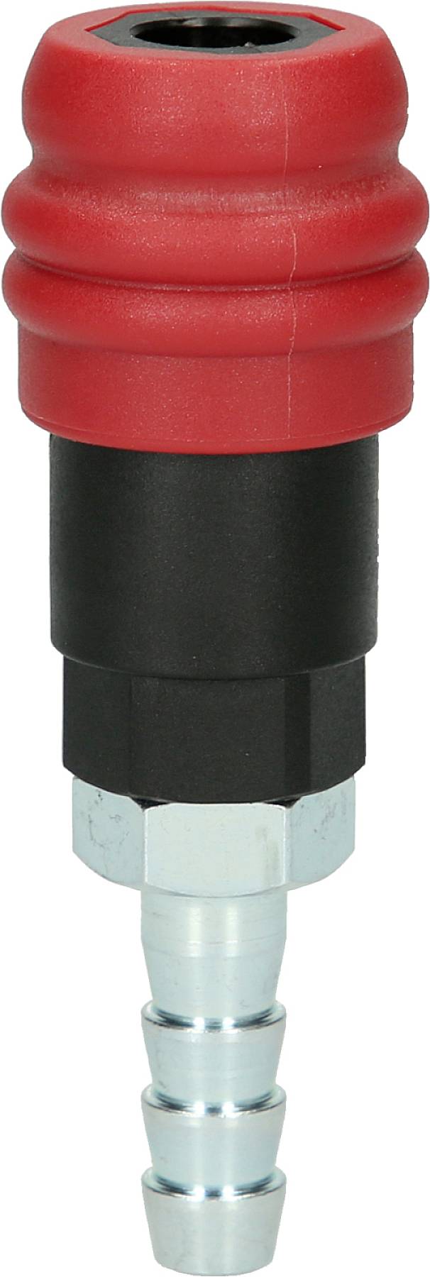 A red and black quick-release coupling plug with a metallic connection for compressed air systems, vertically aligned.