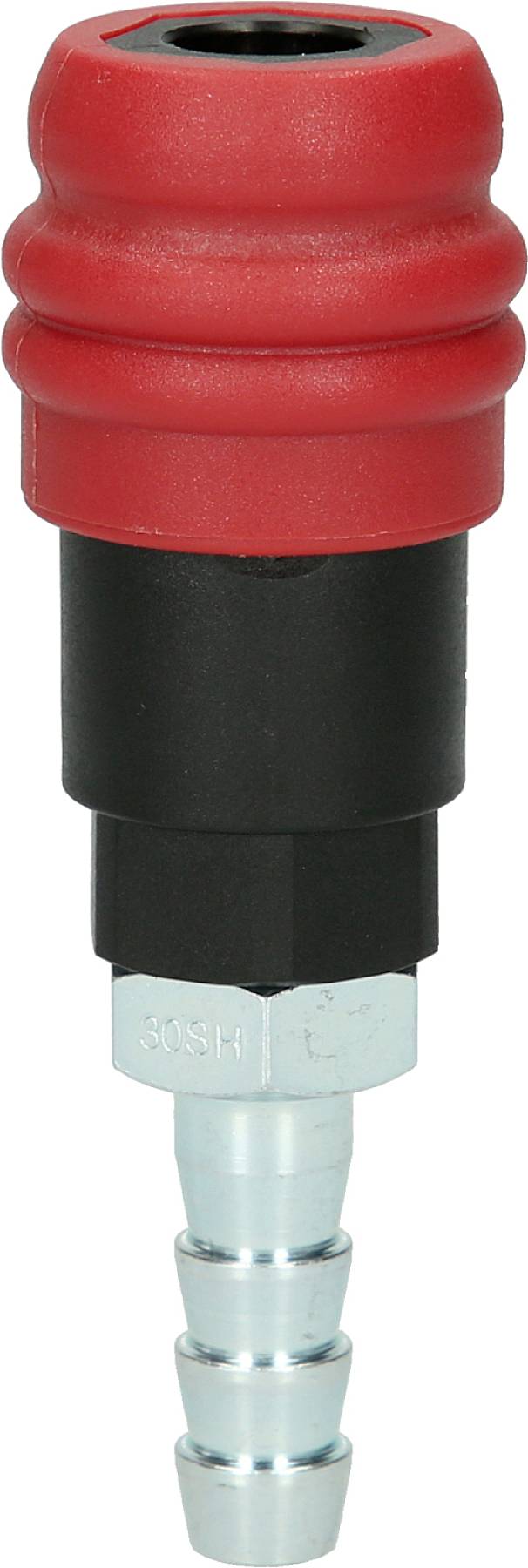 Red and black pneumatic quick-coupling connector, suitable for compressed air systems.