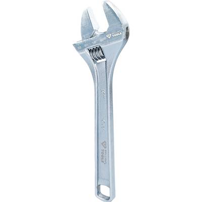 A silver adjustable metal spanner with markings and logo on the handle.