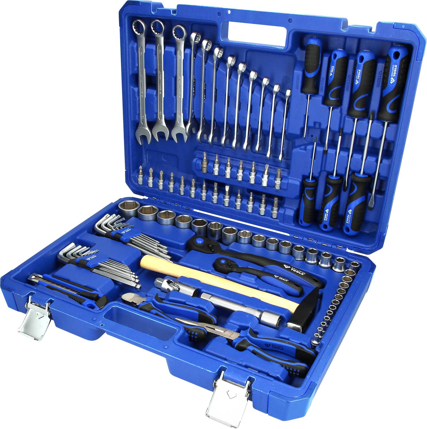 Blue toolbox with open compartments. Contains spanners, screwdrivers, pliers, hammer and socket wrenches.