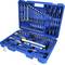 Blue toolbox with open compartments. Contains spanners, screwdrivers, pliers, hammer and socket wrenches.