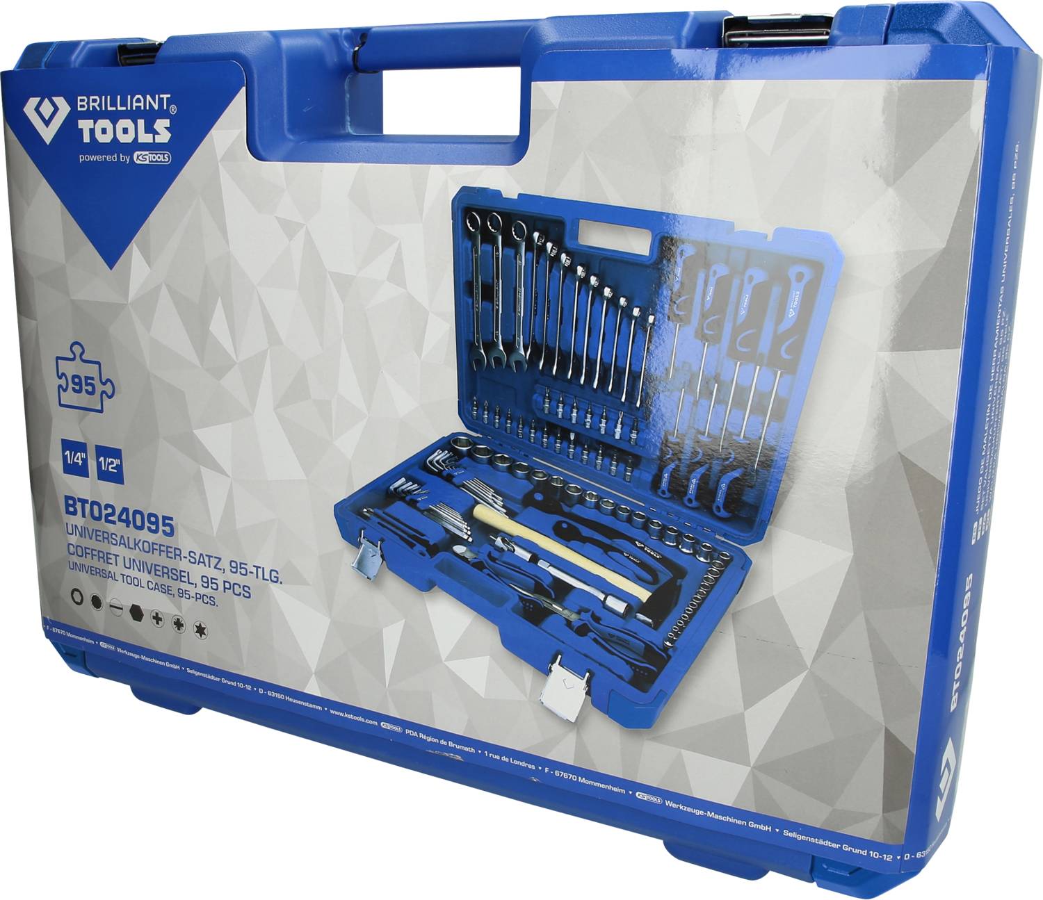 Blue tool case with a 95-piece set including spanners, pliers, and screwdrivers. Brand logo and model number visible.