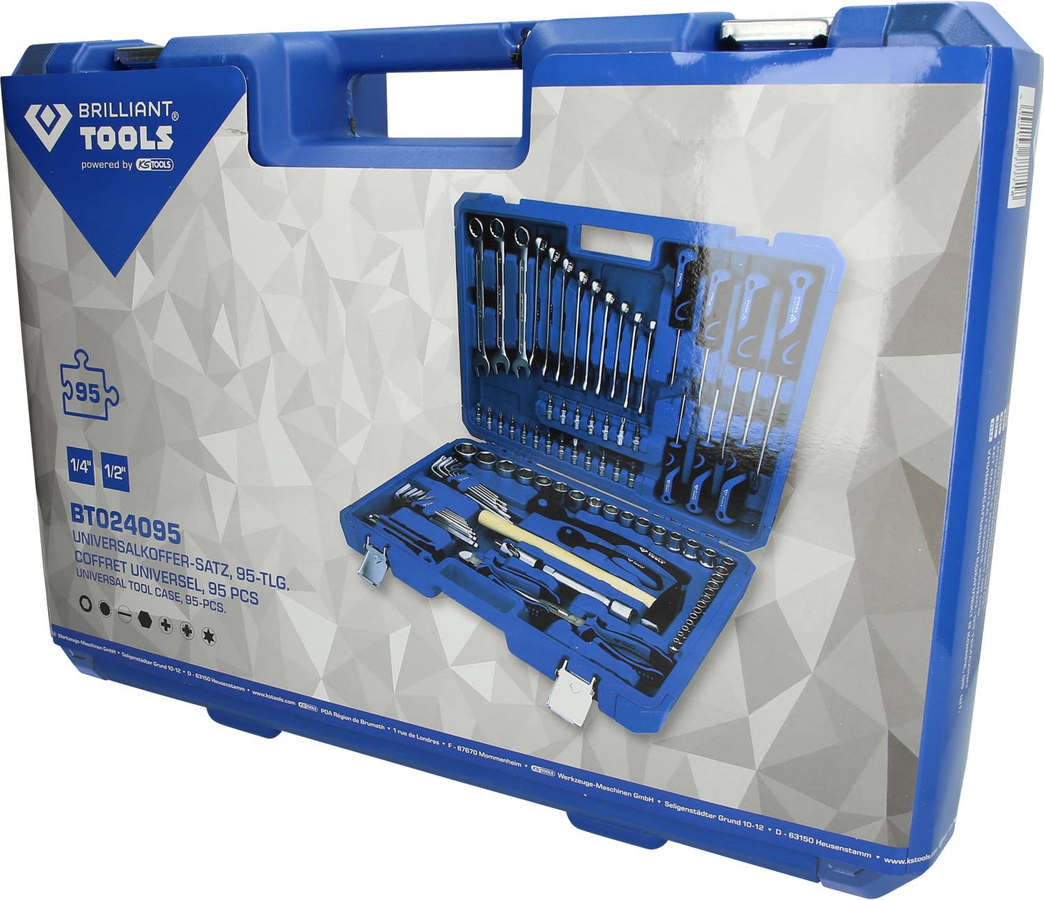 Blue tool case with 95-piece universal tool set. When opened, it displays spanners, pliers, and other tools.