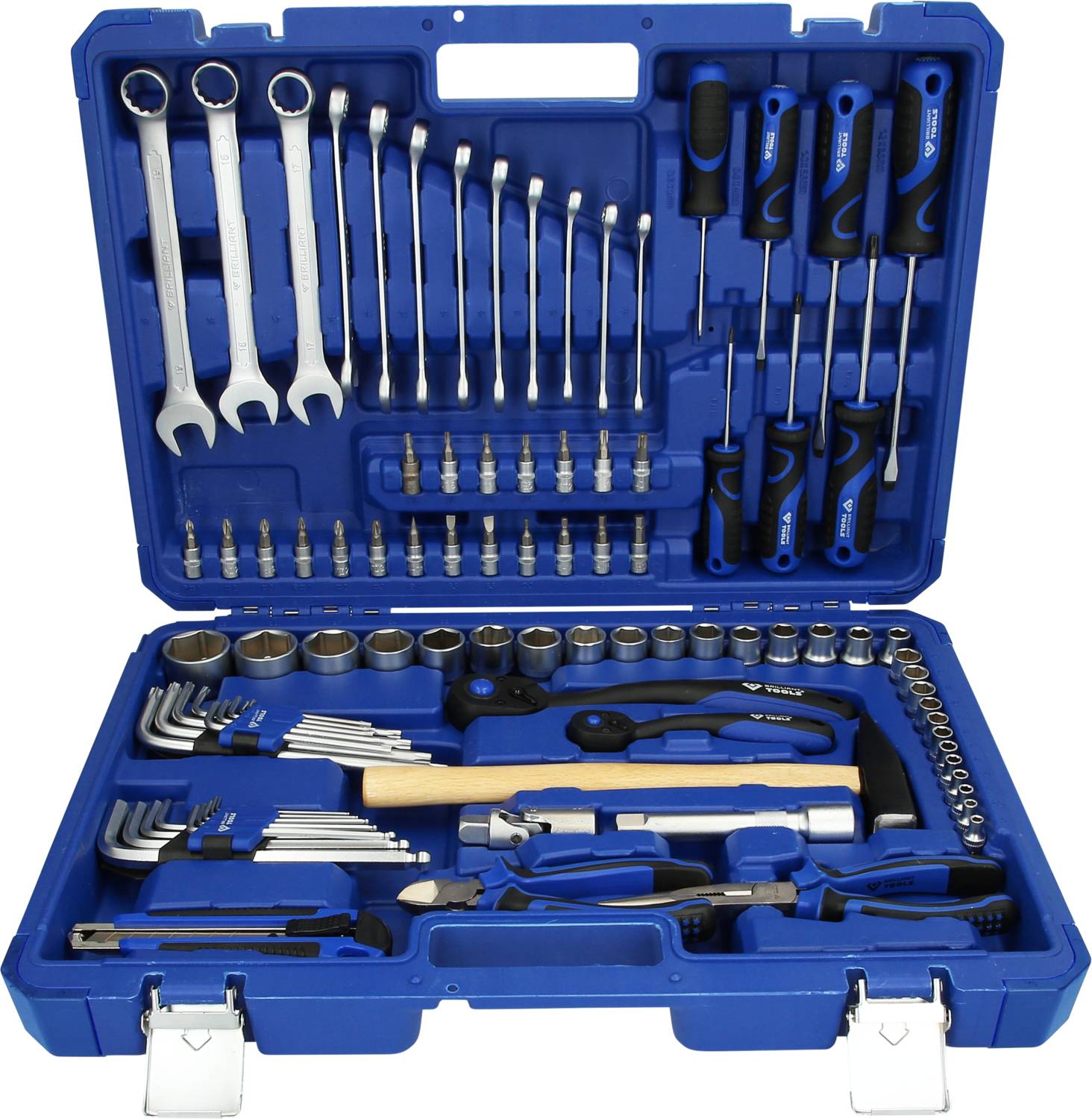 Blue toolbox with various hand tools: spanners, screwdrivers, Allen keys, hammer and socket wrenches.
