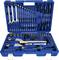 Blue toolbox with various hand tools: spanners, screwdrivers, Allen keys, hammer and socket wrenches.