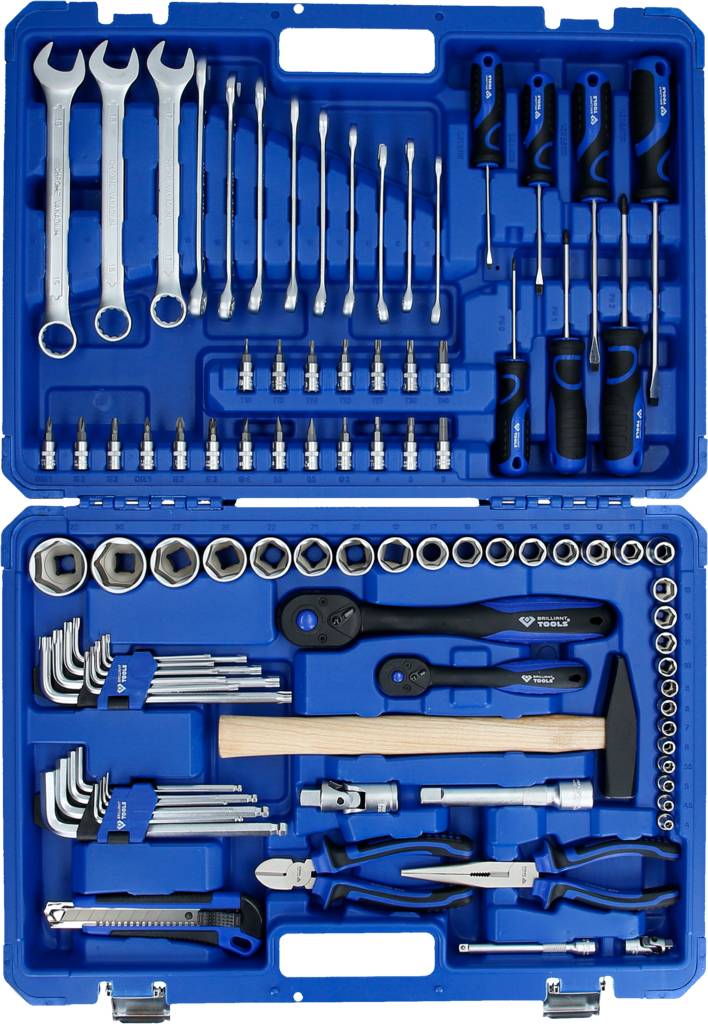 A blue toolbox containing various tools such as spanners, screwdrivers, bits, a ratchet, and pliers.