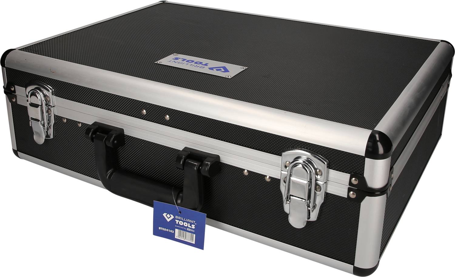 Black tool case with silver edges and handle, secured with two metal clasps, ideal for safe transportation.