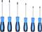 Six screwdrivers with blue handles, lined up side by side in different sizes.