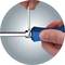 A person is using a spanner to tighten a bolted connection on a blue handle.