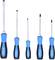 Five screwdrivers in various sizes with blue handles standing side by side.