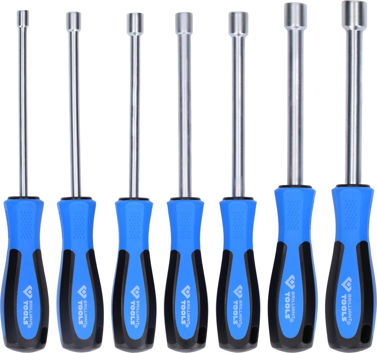 Seven spanners with blue-black handles arranged in a row, positioned in ascending order of size.