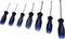 A set of blue and black screwdrivers in various sizes, arranged side by side in ascending order.