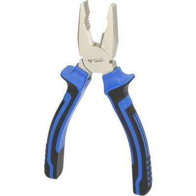 A blue combination pliers with black rubber-coated handles and serrated jaws. Designed for multipurpose use in workshops.
