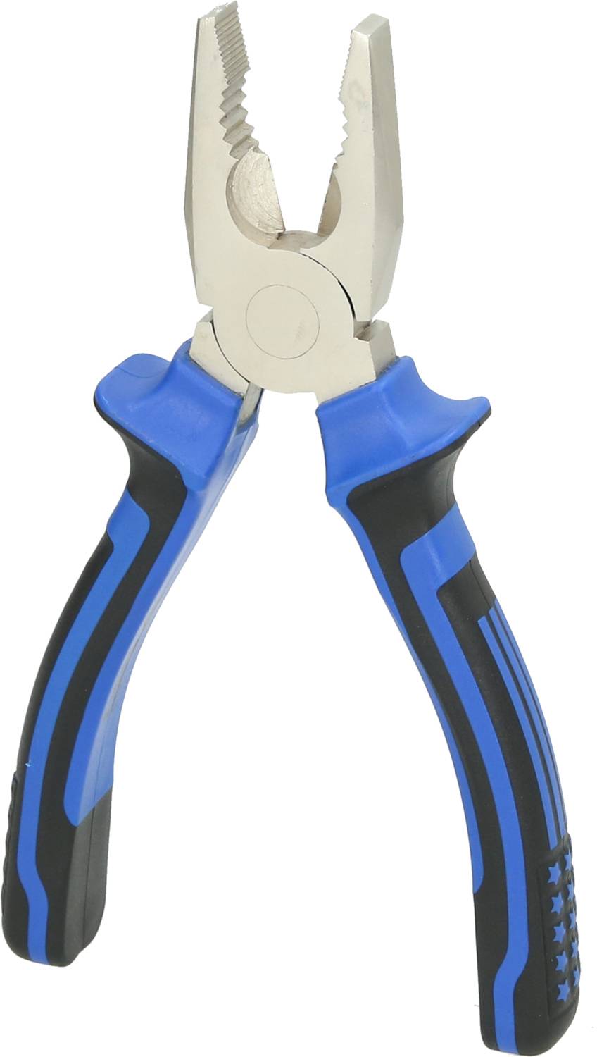 A blue pair of pliers with black handles, opened and viewed from the front, on a white background.