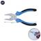 A blue combination pliers with black handles, 180 mm long. Below right, a close-up where someone is holding the pliers.