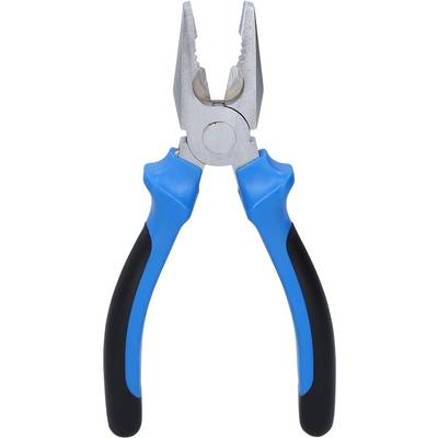 A blue combination pliers with black handles, opened and lying on a white background surface.