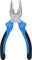 A blue combination pliers with black handles, opened and lying on a white background surface.