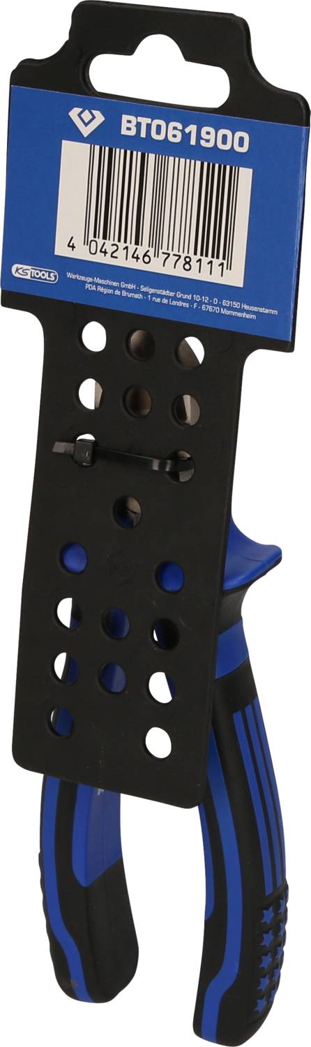 Packaged Tool: A blue-black handle and a black cardboard carrier with hooks, label, and barcode on top.