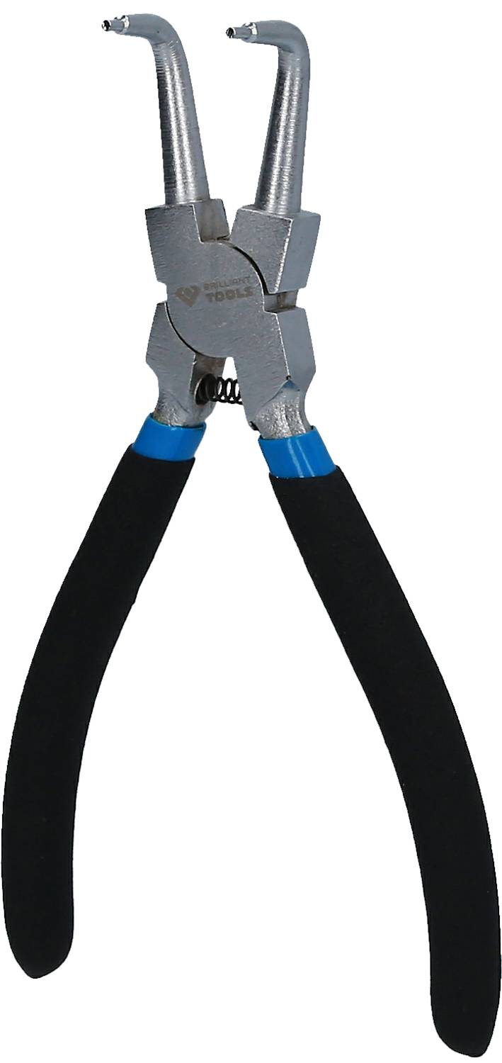 A pair of pliers with curved gripping surfaces, a black handle, and a blue marking, suitable for gripping and holding small objects.