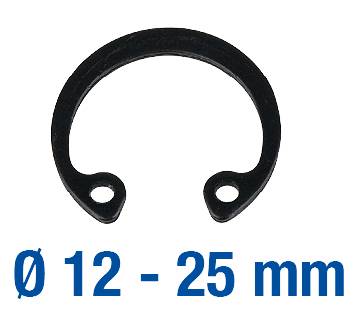 Black snap ring for holes, diameter range: 12-25 mm.