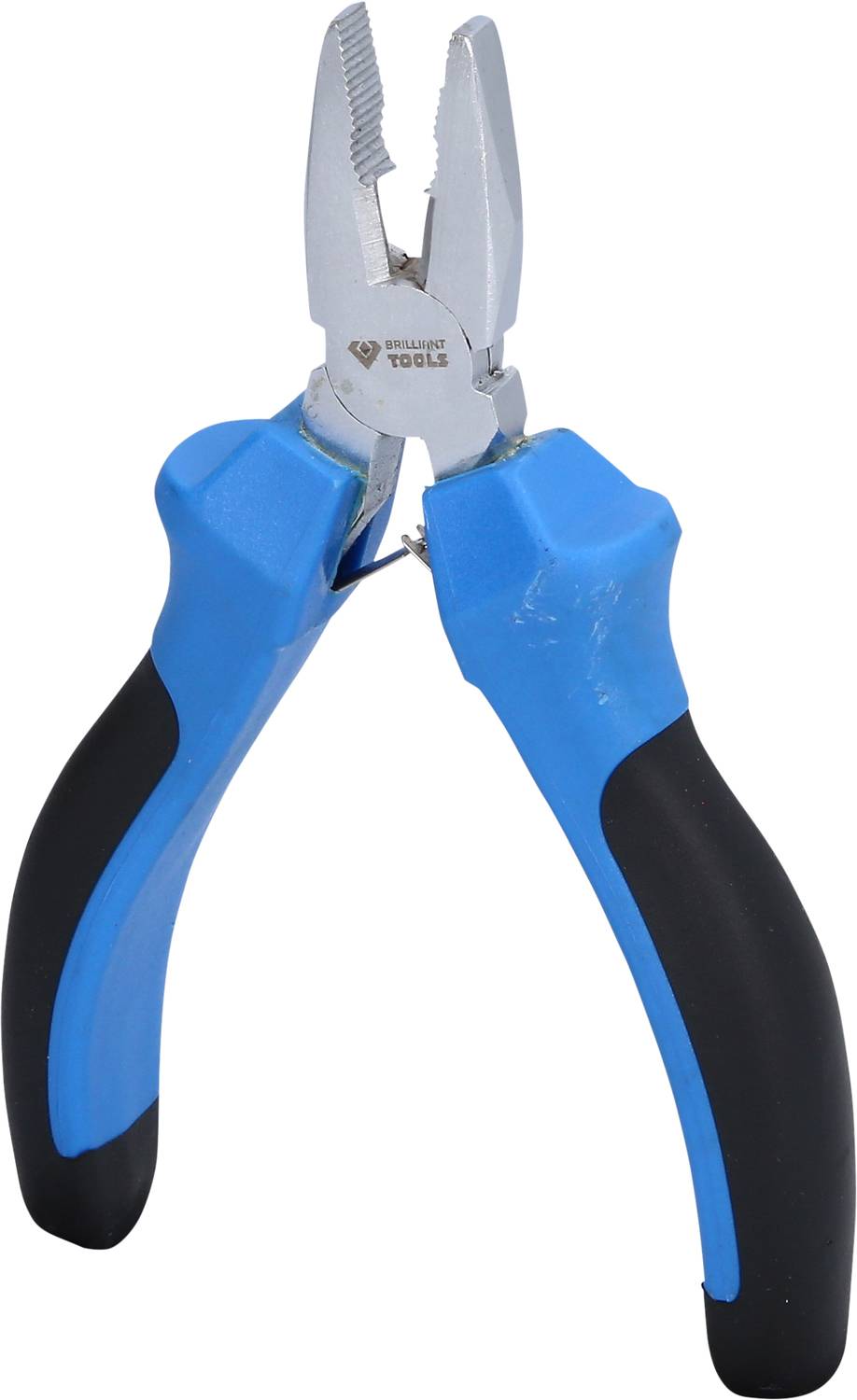 A blue pair of pliers with black handles is open. It is used for gripping or cutting wires.